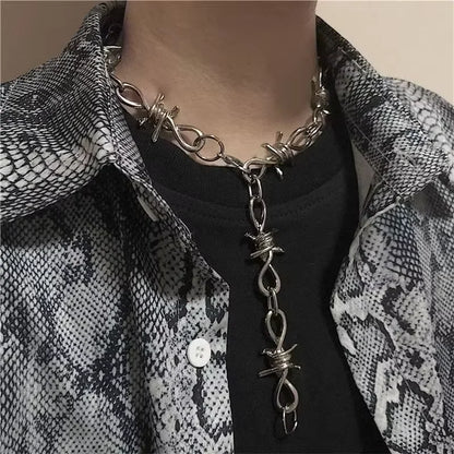 Vintage punk black barbed wire choker necklace with edgy metal design, perfect for emo goth fashion accessories.