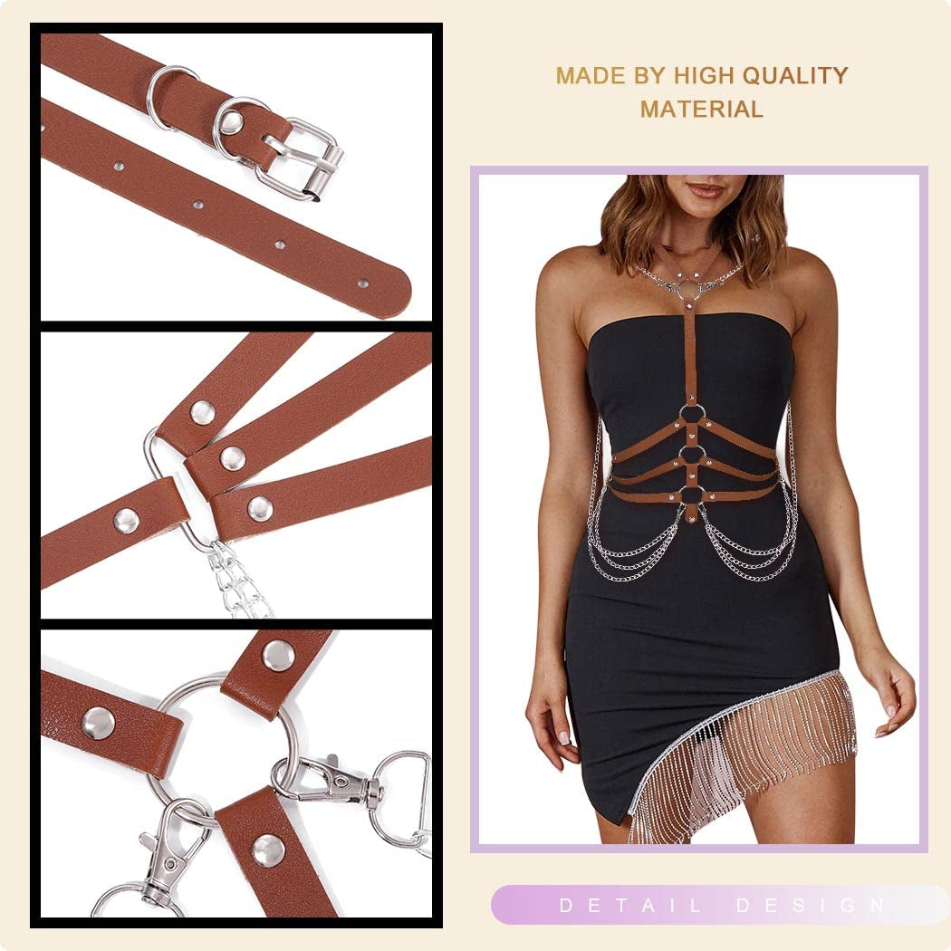 Fashion Harness Belt plus Size Harness Waist Belts Punk Leather Body Harness for Women (Brown)