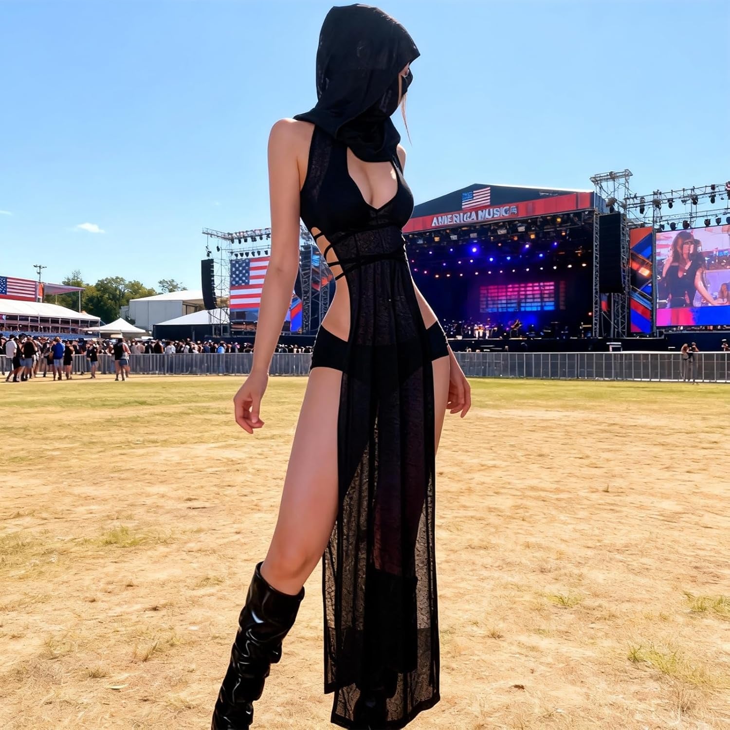 Rave Outfits for Women, Goth Sleeveless Hooded Sheer Knit Dress,Edm Festival Outfits Streetwear