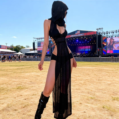 Rave Outfits for Women, Goth Sleeveless Hooded Sheer Knit Dress,Edm Festival Outfits Streetwear