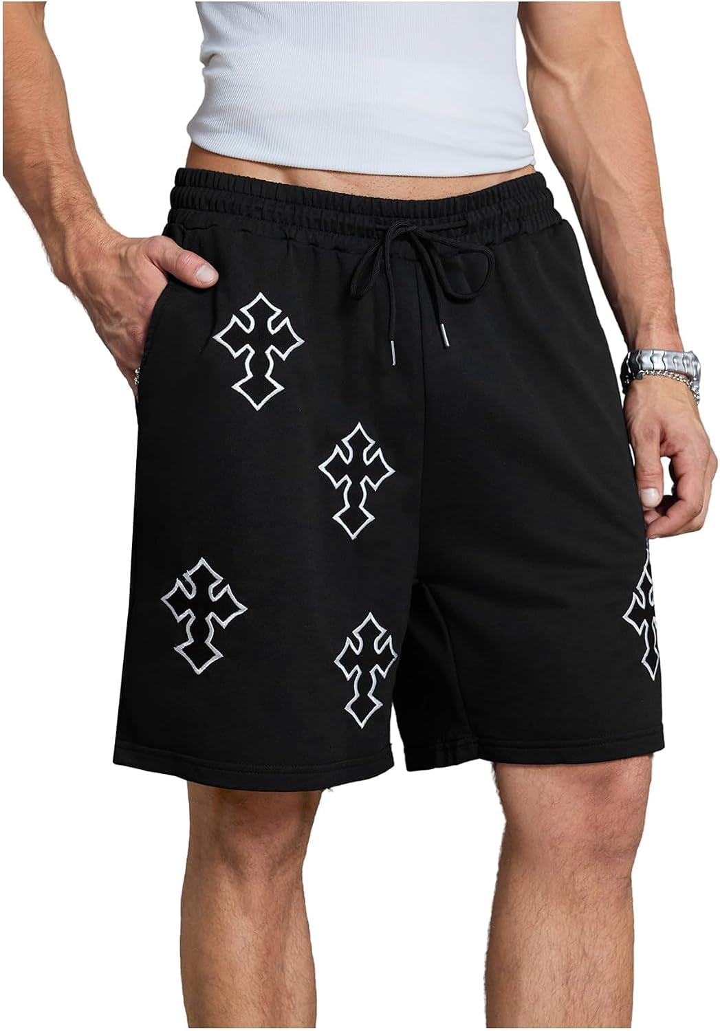 Men's Gothic Cross graphic workout shorts from VIPWOLF, featuring a cool drawstring design and suitable for running and active wear.