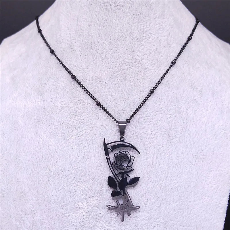 Goth Sickle Rose Flower Necklace for Women Men Stainless Steel Black Color Gothic Chain Aesthetic Jewelry Colier Femme N3834S02
