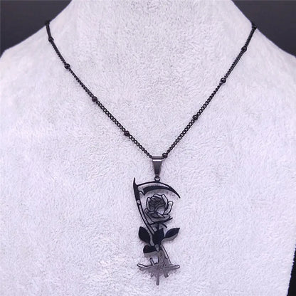 Goth Sickle Rose Flower Necklace for Women Men Stainless Steel Black Color Gothic Chain Aesthetic Jewelry Colier Femme N3834S02