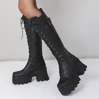 Black PU leather goth punk knee-high platform boots for women with lace-up design, chunky heels, and winter rain-resistant features.