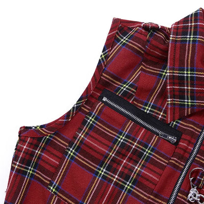 Gothic plaid crop top with zipper chain detail, trendy punk streetwear for women, stylish and edgy fashion piece