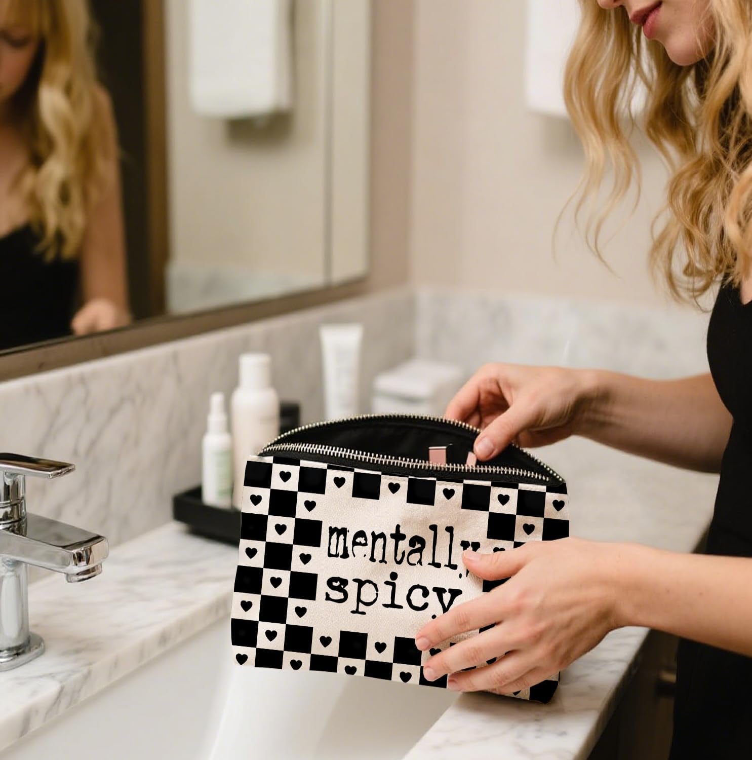 Alternative Makeup Bag, Edgy ‘Mentally Spicy’ Checkered Makeup Bag, Gift for Goth Lovers Women Girls Friend Daughter, Self Expression Graduation Birthday Friendship Gifts 10×7 Inch