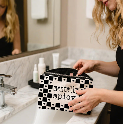 Alternative Makeup Bag, Edgy ‘Mentally Spicy’ Checkered Makeup Bag, Gift for Goth Lovers Women Girls Friend Daughter, Self Expression Graduation Birthday Friendship Gifts 10×7 Inch