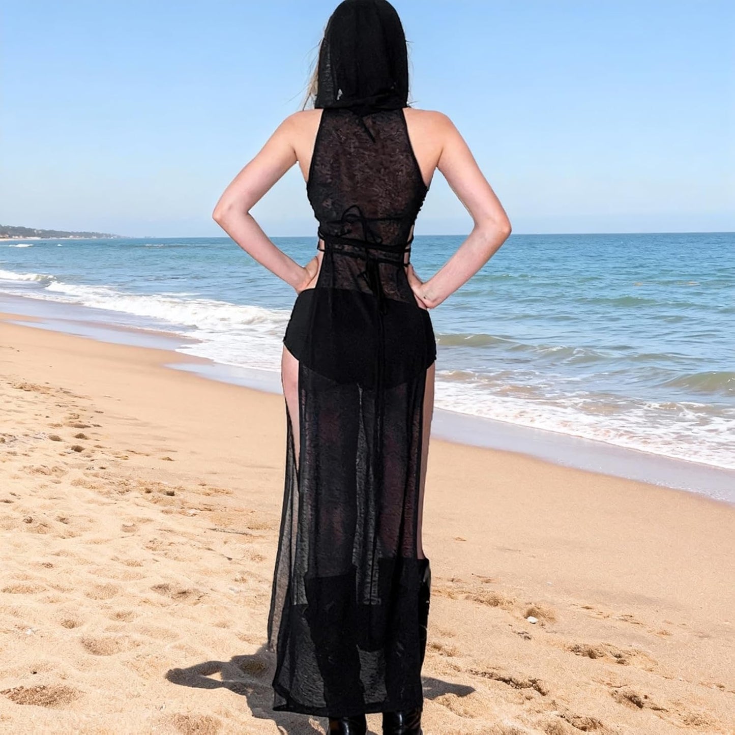 Rave Outfits for Women, Goth Sleeveless Hooded Sheer Knit Dress,Edm Festival Outfits Streetwear