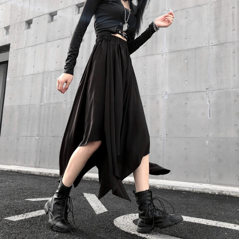 Dark black high waist vintage skirt with irregular hem, goth punk style, perfect for edgy Harajuku fashion.