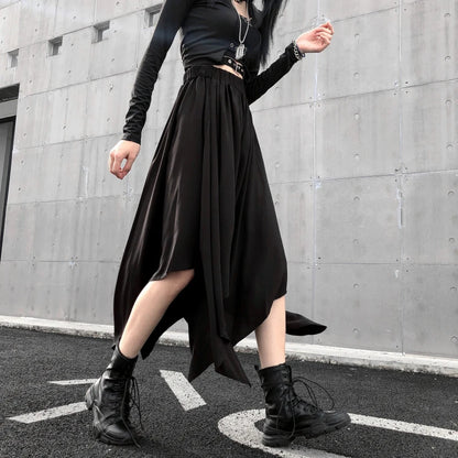 Dark black high waist vintage skirt with irregular hem, goth punk style, perfect for edgy Harajuku fashion.
