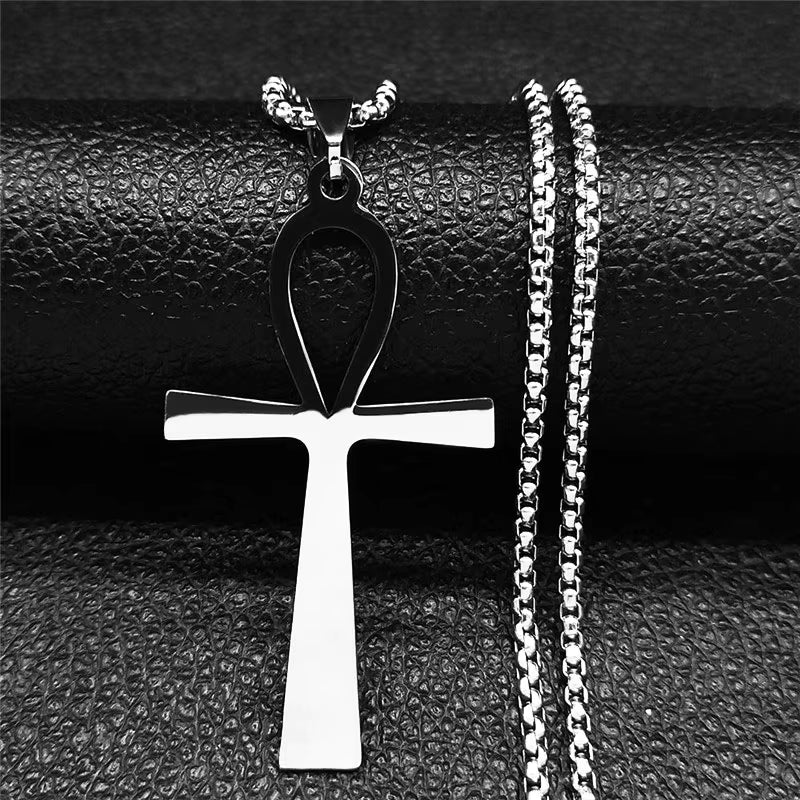 Gothic Egyptian Ankh necklace with black stainless steel key of life amulet, religious jewelry pendant, stylish and symbolic accessory.