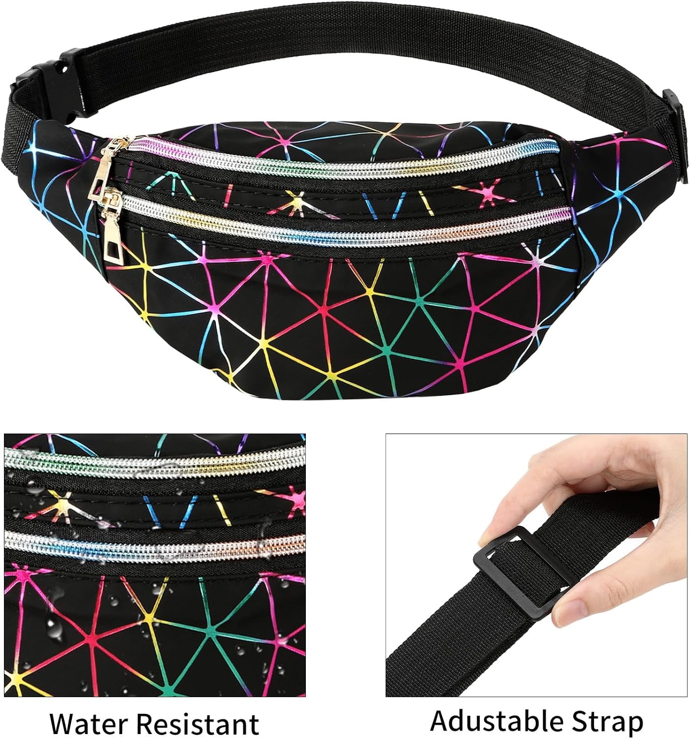 Holographic black fanny pack for women by Bicfuiot, sparkly waterproof waist bag with adjustable belt for parties and festivals.
