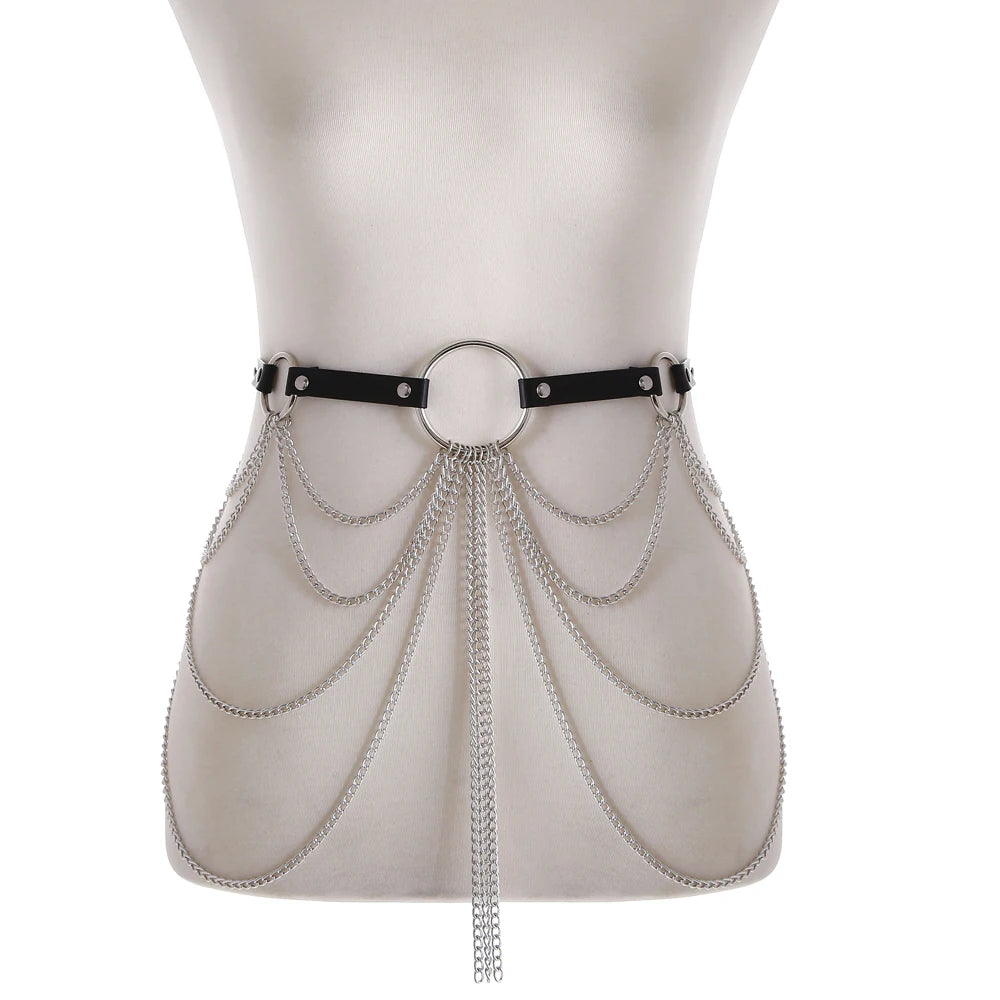 Layered Leather Belt with Chains Body Harness Sexy Waist Goth Accessories Strap Adjustable Festival Girls Jewelry