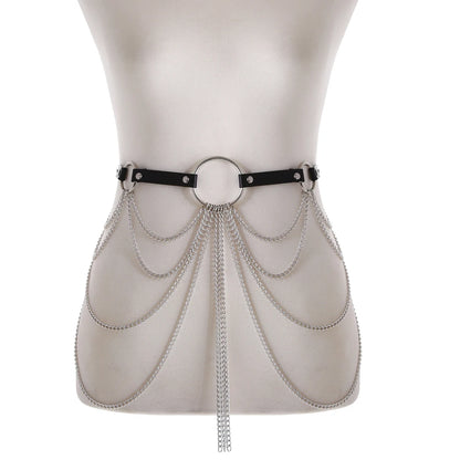 Layered Leather Belt with Chains Body Harness Sexy Waist Goth Accessories Strap Adjustable Festival Girls Jewelry