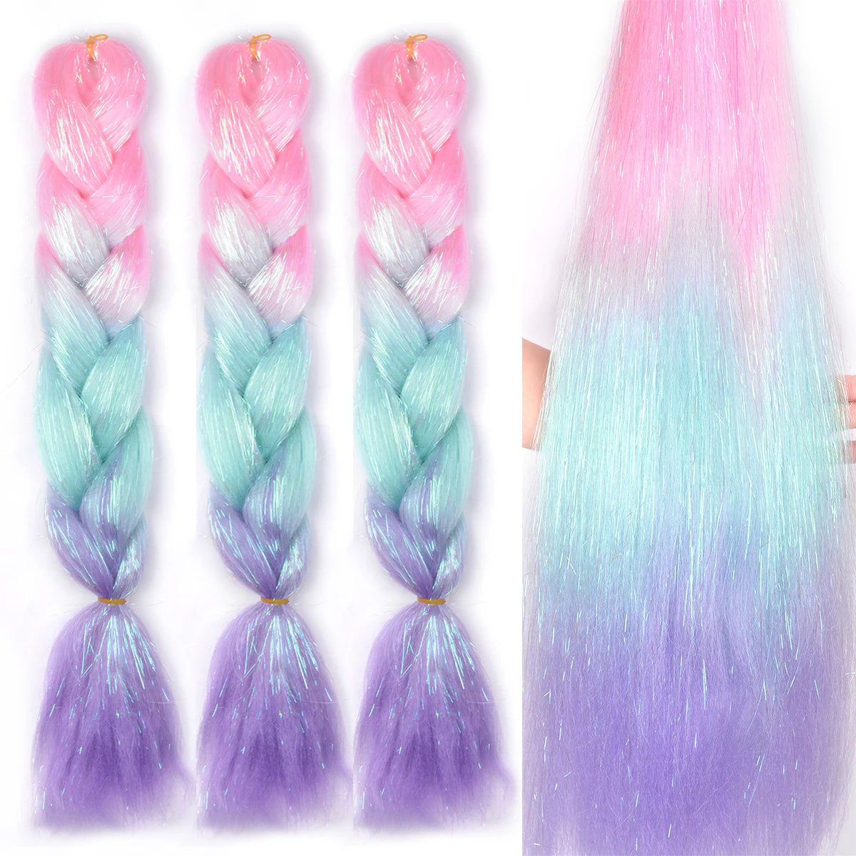 Rainbow Ombre Jumbo Braid Hair Glitter Tinsel Extensions - Sparkle Up Your Festival Look!