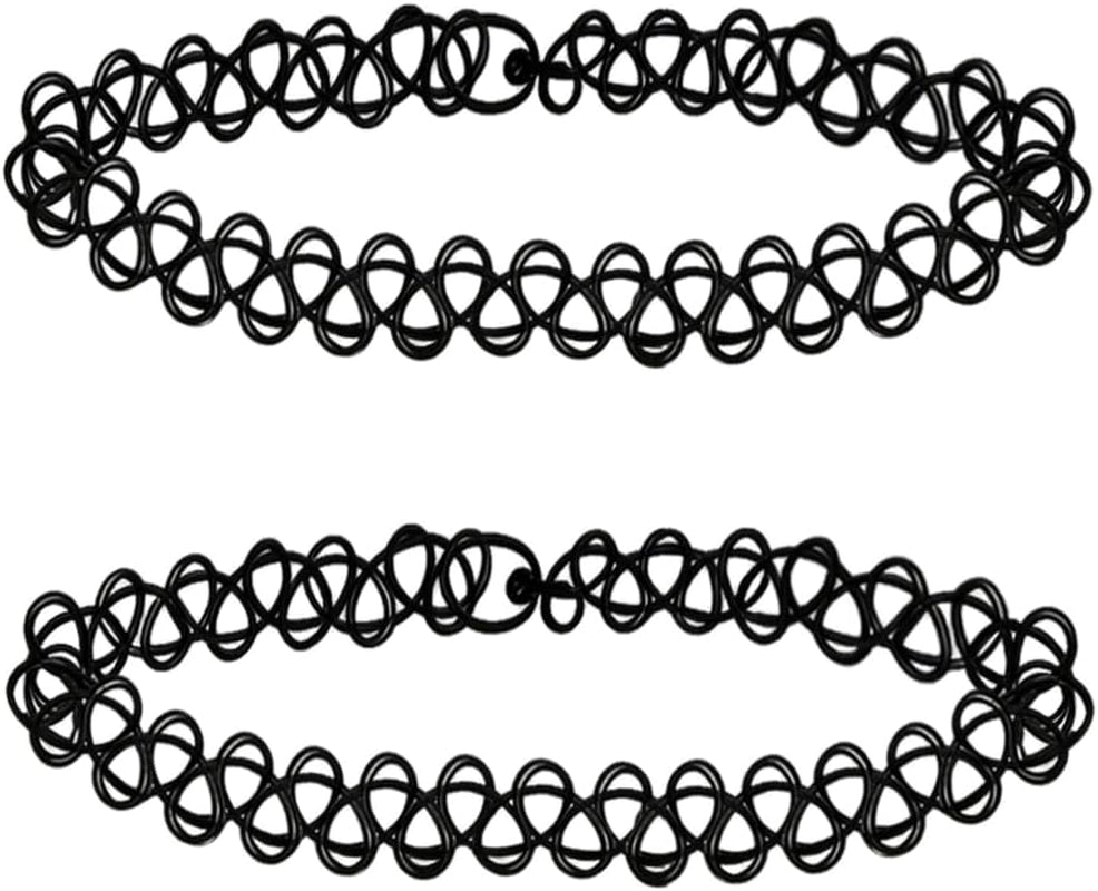 Two adjustable gothic rainbow and blue 90s tattoo choker necklaces for women, featuring elastic design and trendy 90s style.