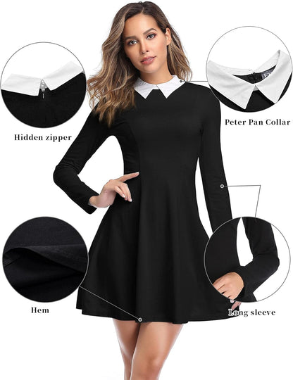 Black women's long sleeve dress with Peter Pan collar, inspired by Wednesday Addams, featuring a chic, gothic style.