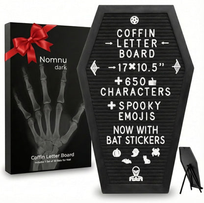 Coffin Letter Board Black +3D Bat Stickers +650 Characters, Spooky Seasonal Emojis, Wooden Stand - 17X10.5 Inches - Coffin Shaped Goth Decor Sign Halloween Decorations Gothic Decor Birthday Home Spooky Gifts