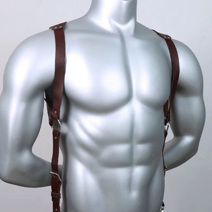 Punk Black Leather Chest Suspenders for Men - Adjustable Buckle Shoulder Straps for Club, Party, and Rave Costumes