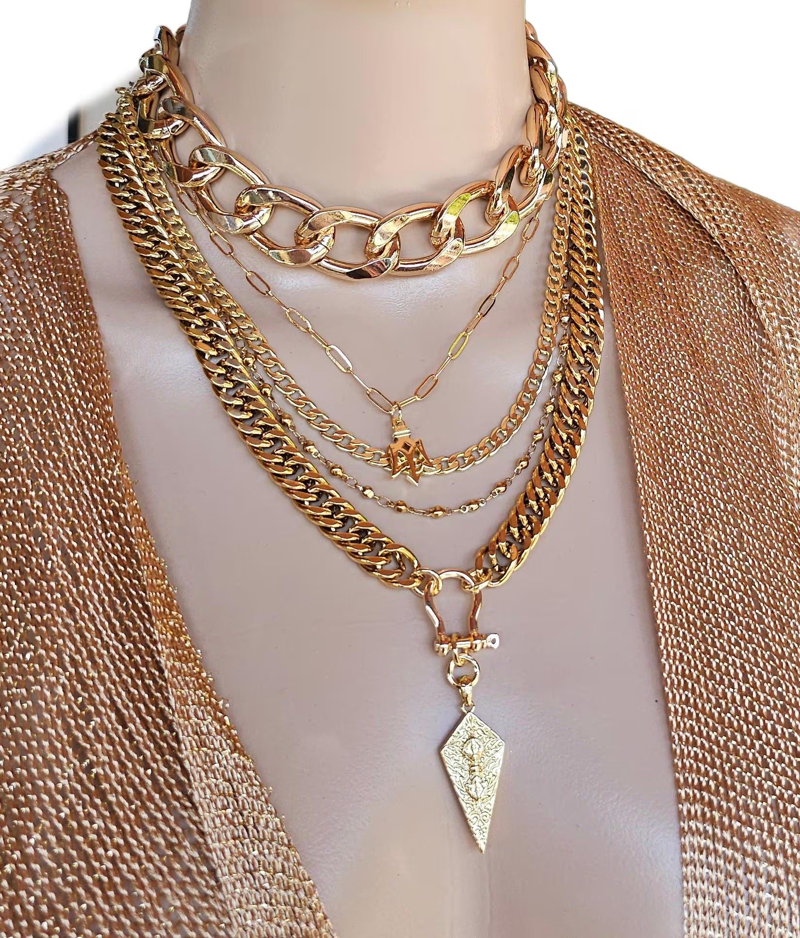 Gold Layered Multi Strand Chunky Chain Choker Collar Necklace Set - Handmade Luxury Statement Jewelry