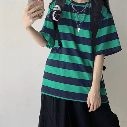 Oversized black and white striped Harajuku goth punk T-shirt for women with bold print and loose fit, hip hop style by PressureDen.store