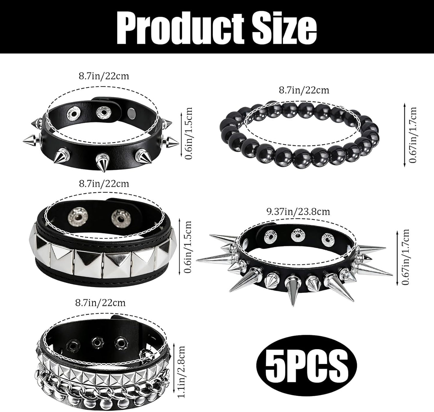 Black spiked bracelet set by KHRYPTXH, 5-piece adjustable gothic emo punk cuff jewelry with bold spike details