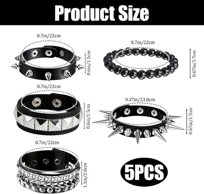 Black spiked bracelet set by KHRYPTXH, 5-piece adjustable gothic emo punk cuff jewelry with bold spike details
