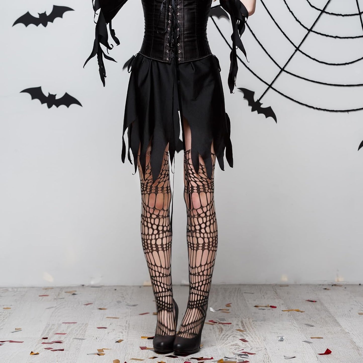 Lusofie 2-pack goth ripped fishnet tights with large holes, ideal for Halloween, rave, or punk fashion styles.