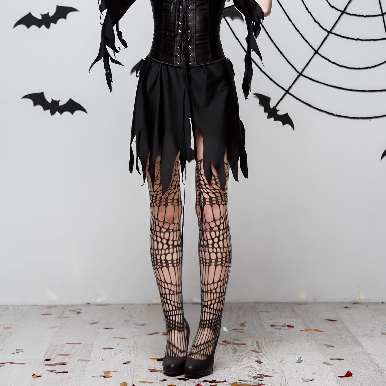 Lusofie 2-pack goth ripped fishnet tights with large holes, ideal for Halloween, rave, or punk fashion styles.
