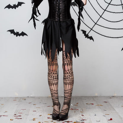Lusofie 2-pack goth ripped fishnet tights with large holes, ideal for Halloween, rave, or punk fashion styles.