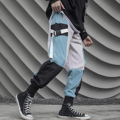 Men's blue tactical techwear harem pants with cargo pockets, stylish cyberpunk joggers and sweatpants in XL size.