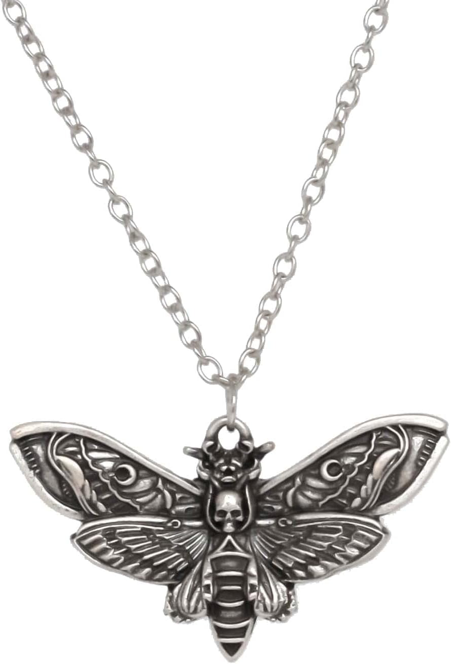 SanLan Death Head Moth Pendant Necklace with moon charm, gothic jewelry featuring a detailed moth design and Wicca-inspired style.