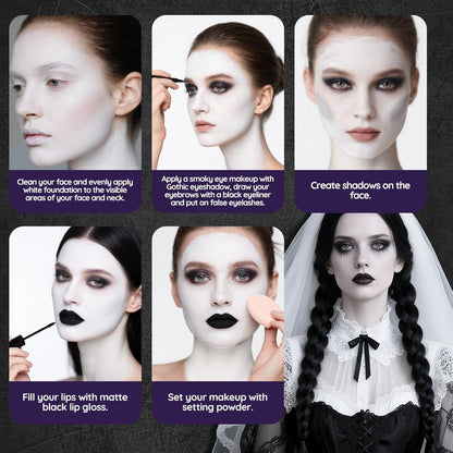 Halloween Goth SFX Makeup Kit, Complete Gothic Makeup Set Include White Liquid Foundation, Eyeliner, Setting Powder, Eyeshadow & Black Lipstick for Halloween Cosplay, Carnival, Theater