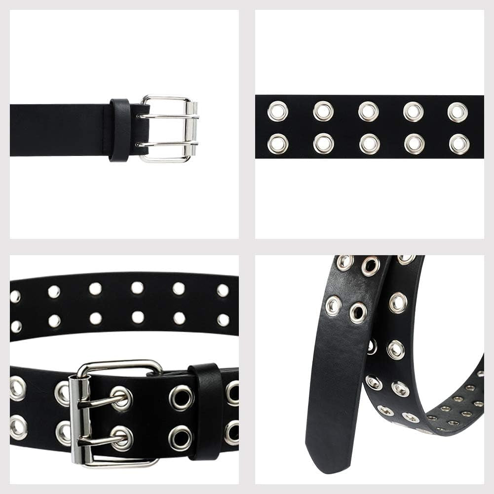 BKpearl 2-pack PU leather punk grommet belts for men and women, stylish 2-hole design, suitable for jeans, medium size.