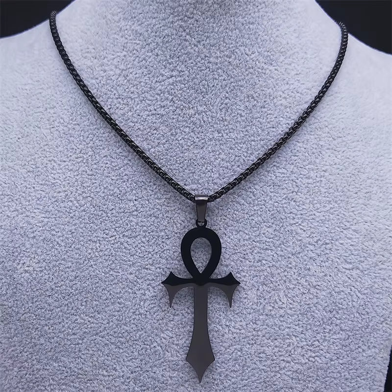 Black Gothic Egyptian Ankh necklace with stainless steel key of life amulet, featuring intricate design and religious symbolism.