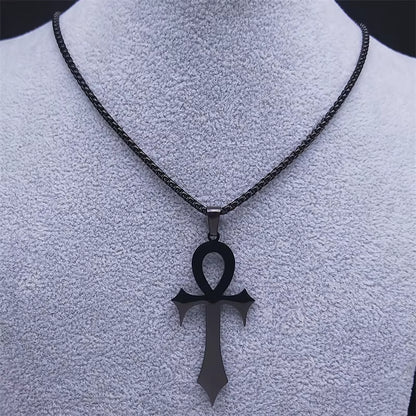 Black Gothic Egyptian Ankh necklace with stainless steel key of life amulet, featuring intricate design and religious symbolism.