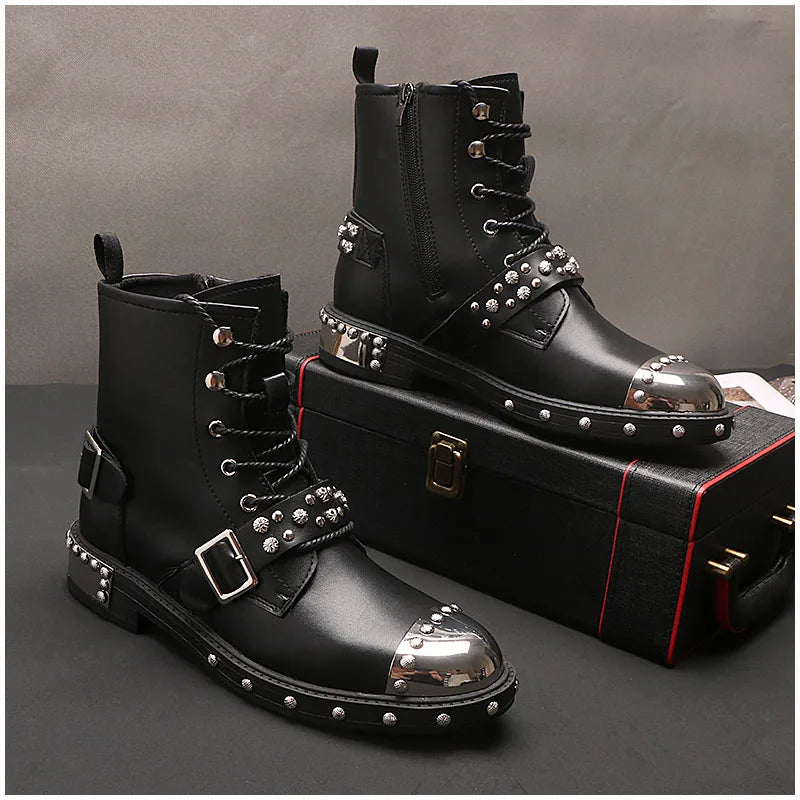 Men's luxury punk goth motorcycle boots with lace-up leather design, rivets, and platform soles, perfect for edgy fashion styles.