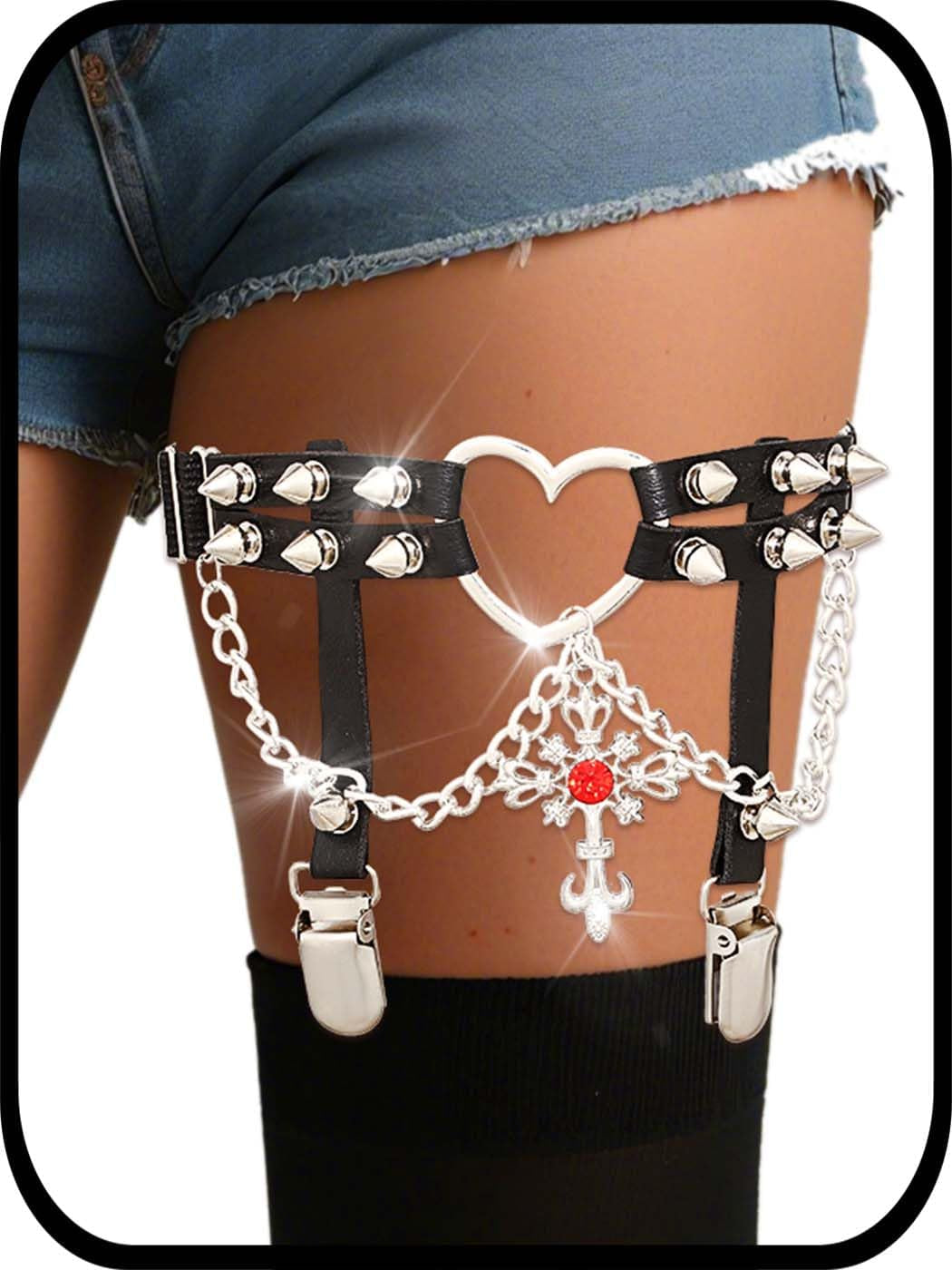 Cross Leg Garter with Buckle Anti-Slip Clips Heart Black Garter Belt Studded Gothic Elastic Adjustable Rave Thigh Harness for Women