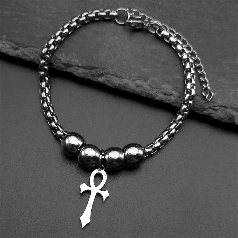 Black Gothic Egyptian Ankh necklace made of stainless steel, featuring the Key of Life amulet, ideal for religious jewelry lovers.