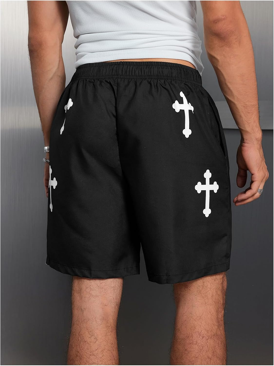 Men's Goth Cross graphic workout shorts by VIPWOLF, black athletic shorts with cross design and drawstring waist, suitable for running.