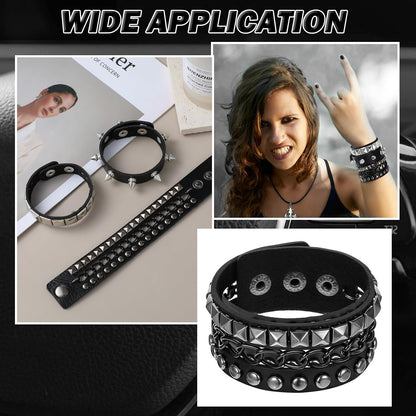 YUXIANLB edgy 3-piece punk rock studded bracelet set with adjustable spiked cuffs for emo and goth style accessories.