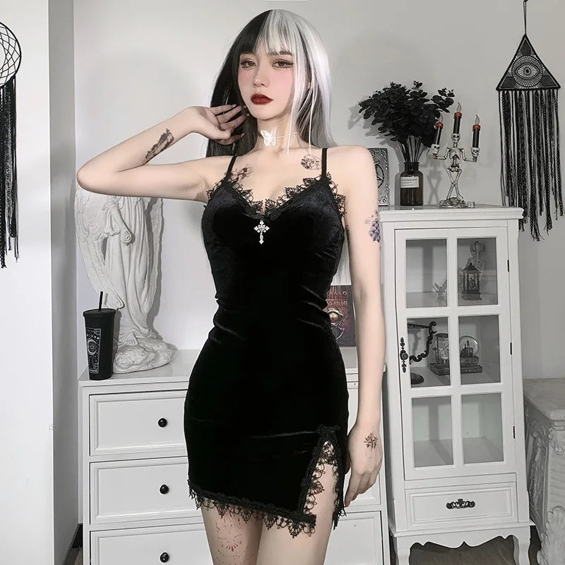 Black Gothic Glam mini dress with high waist slit and spaghetti straps, featuring a dark cross design for a sexy night out.