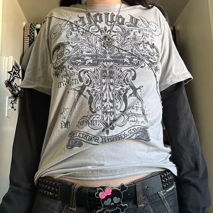 Women’s Y2K Cyber Grunge long sleeve T-shirt with patchwork design, featuring retro Harajuku and gothic style elements.