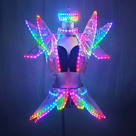 Glowing Fashion LED Bra and Shorts Set - Stylish Women's Dance Outfit with Alice Shoulder Armor