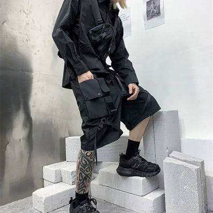 Men's techwear cargo shorts with ribbon belt, multi-pocket design, stylish Harajuku-inspired hip hop Bermuda shorts.