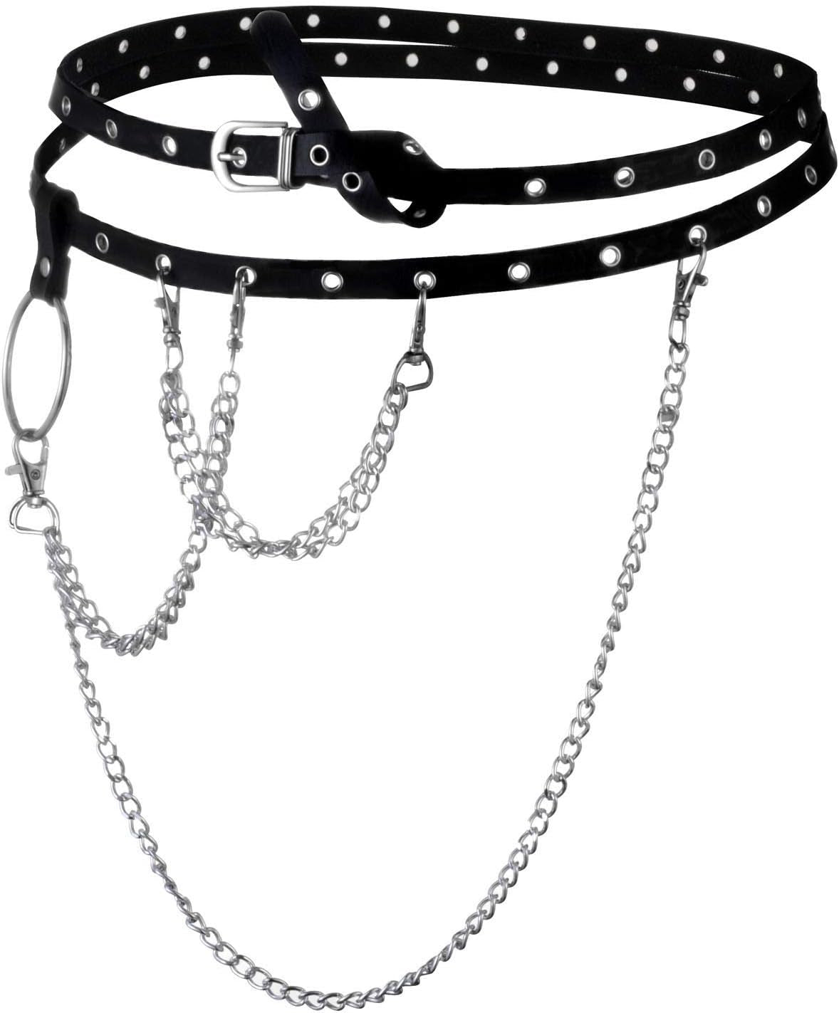 MILAKOO retro punk gothic wrap-around PU leather chain belt for women, vintage skinny style with chain detail.