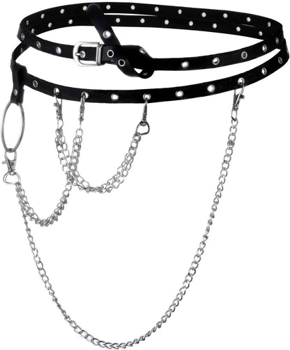 MILAKOO retro punk gothic wrap-around PU leather chain belt for women, vintage skinny style with chain detail.
