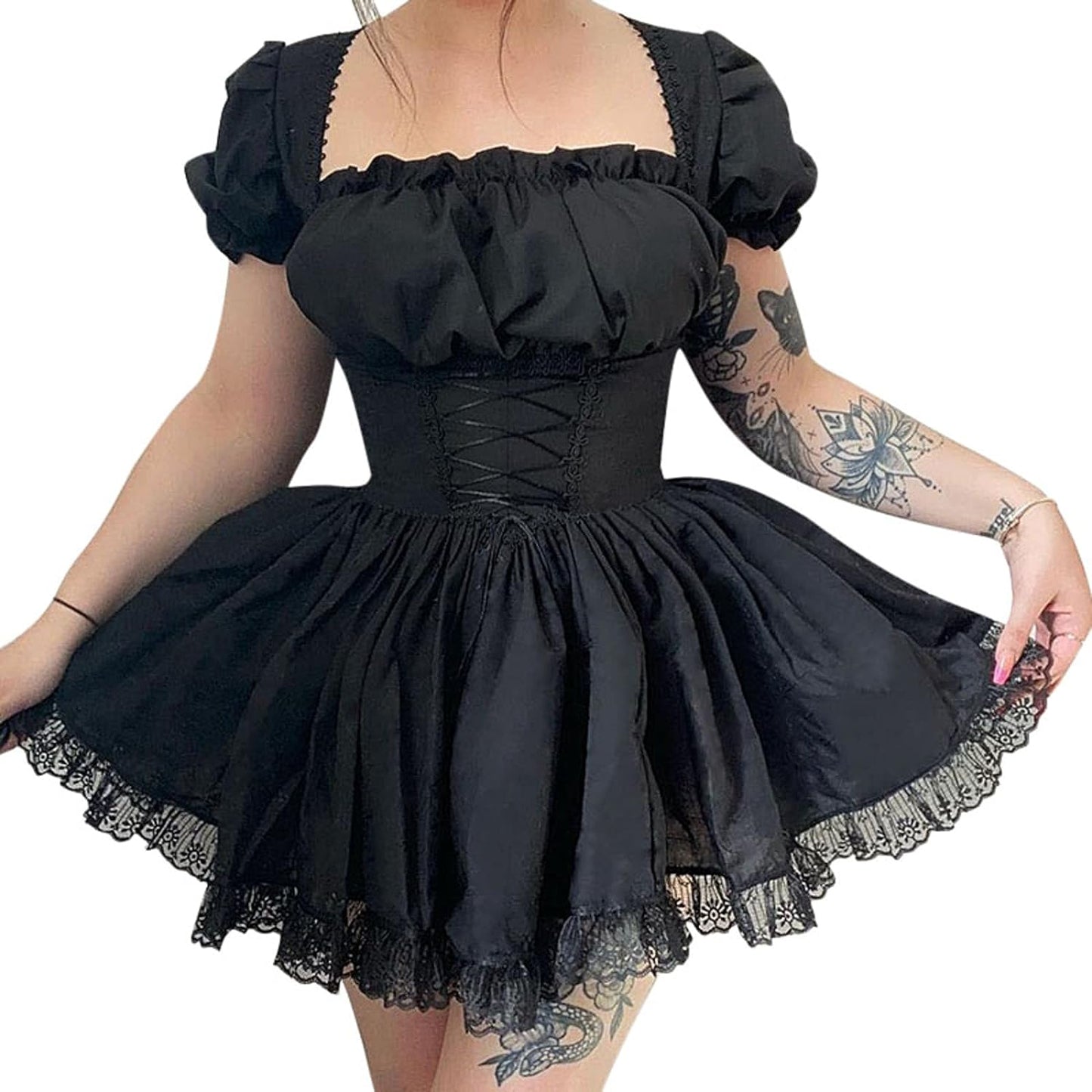 Vintage punk Gothic Lolita mini dress with puff sleeves and A-line swing style, showcased in a dark, textured fabric.