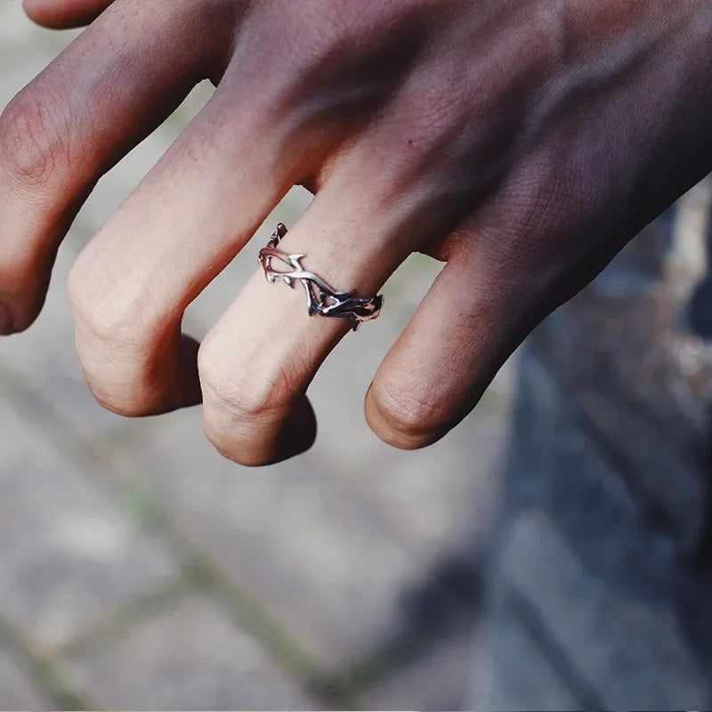 Vintage Goth Thorny Rose couple rings in stainless steel with irregular punk design for men and women, perfect Y2K gift.