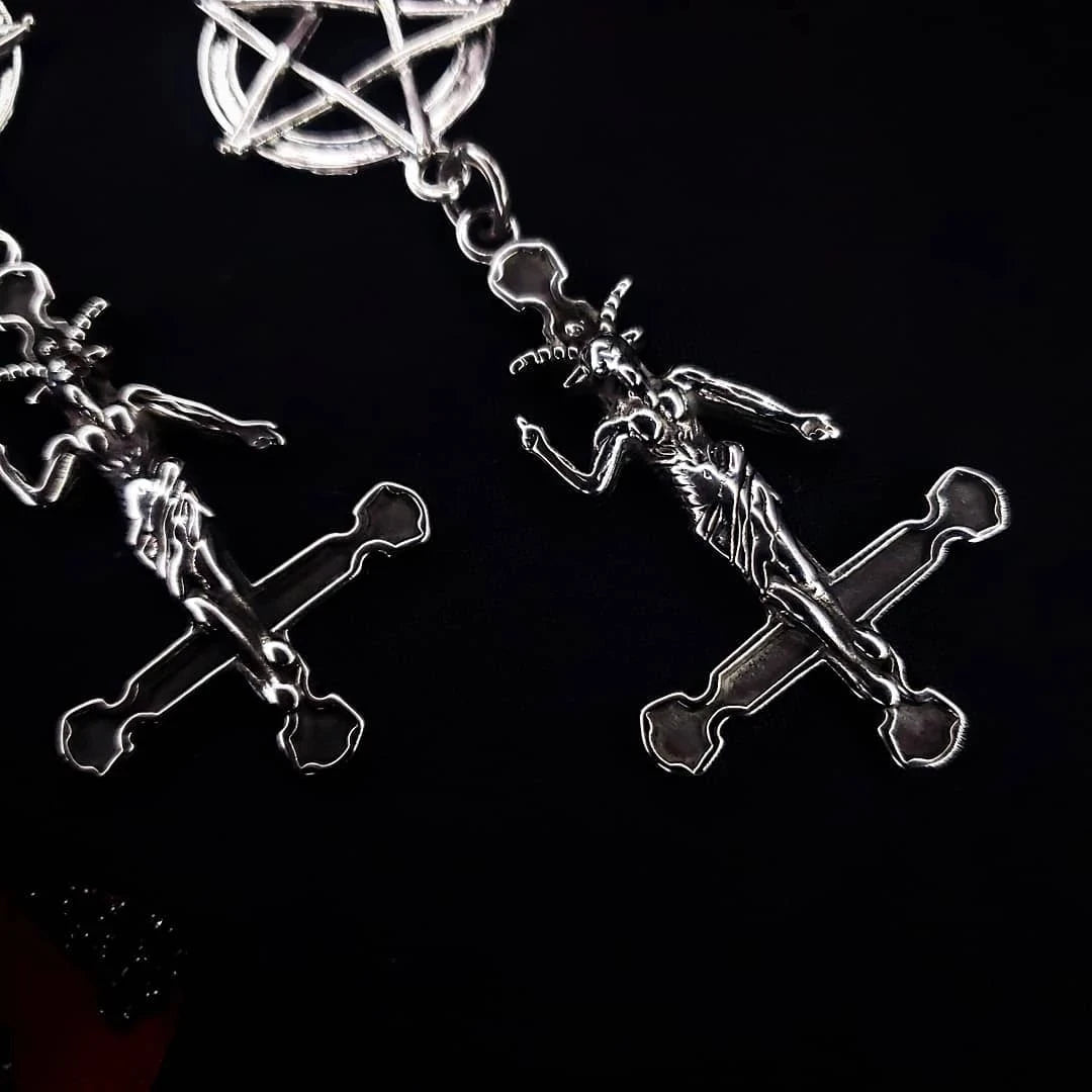 Goth punk inverted pentagram Baphomet earrings with dark art design, featuring metal earrings for goth fashion enthusiasts